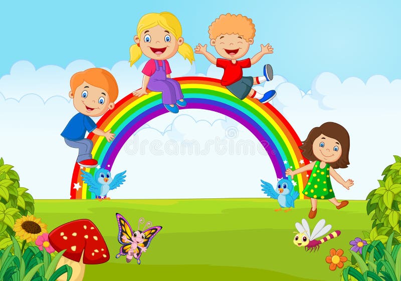 Illustration of Cartoon Happy kids sitting on rainbow