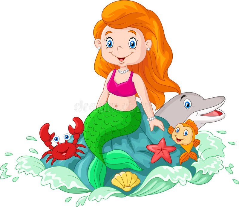 Download Cartoon Happy Little Mermaid Sitting On The Rock Stock ...