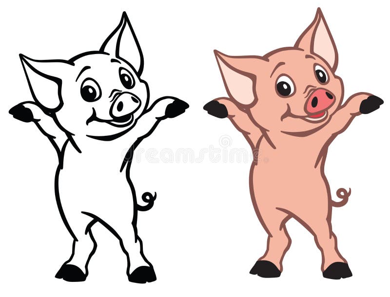 Cartoon happy little piglet outline and color