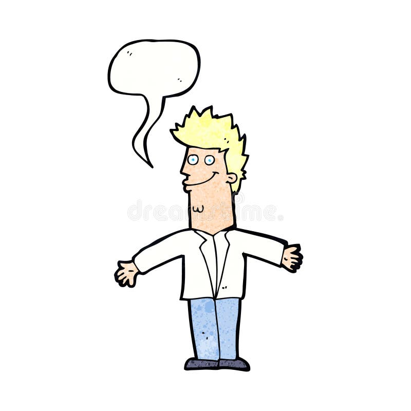 cartoon happy man with open arms with speech bubble