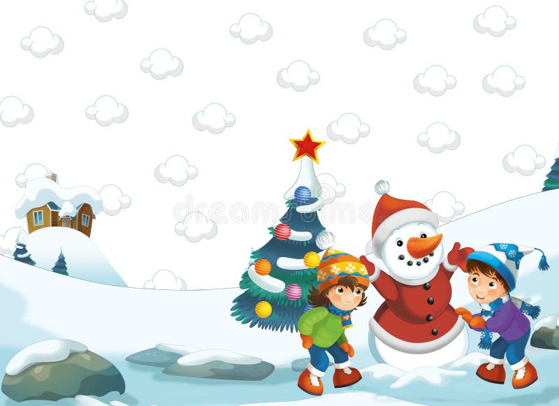 Download Cartoon Happy Winter Scene - Boy And Girl Making A Snowman Stock Illustration - Illustration of ...