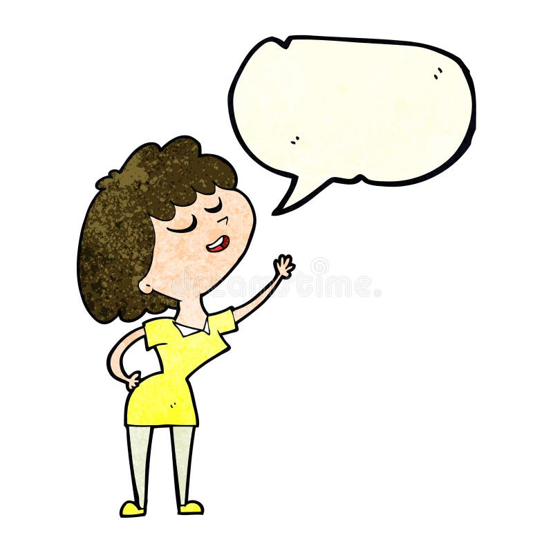 cartoon happy woman about to speak with speech bubble