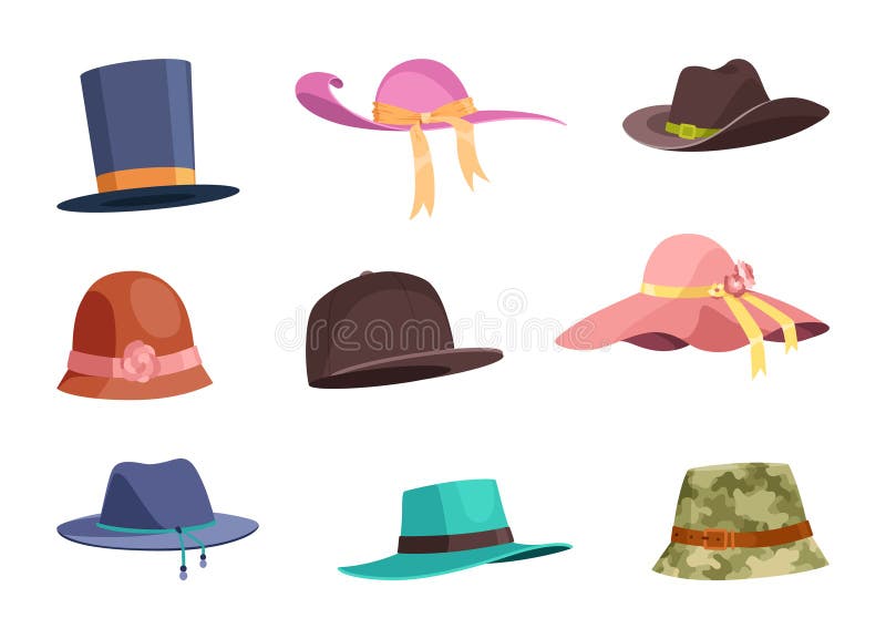 Cartoon Hat Icons. Female and Male Headwear, Derby and Cowboy, Cap ...