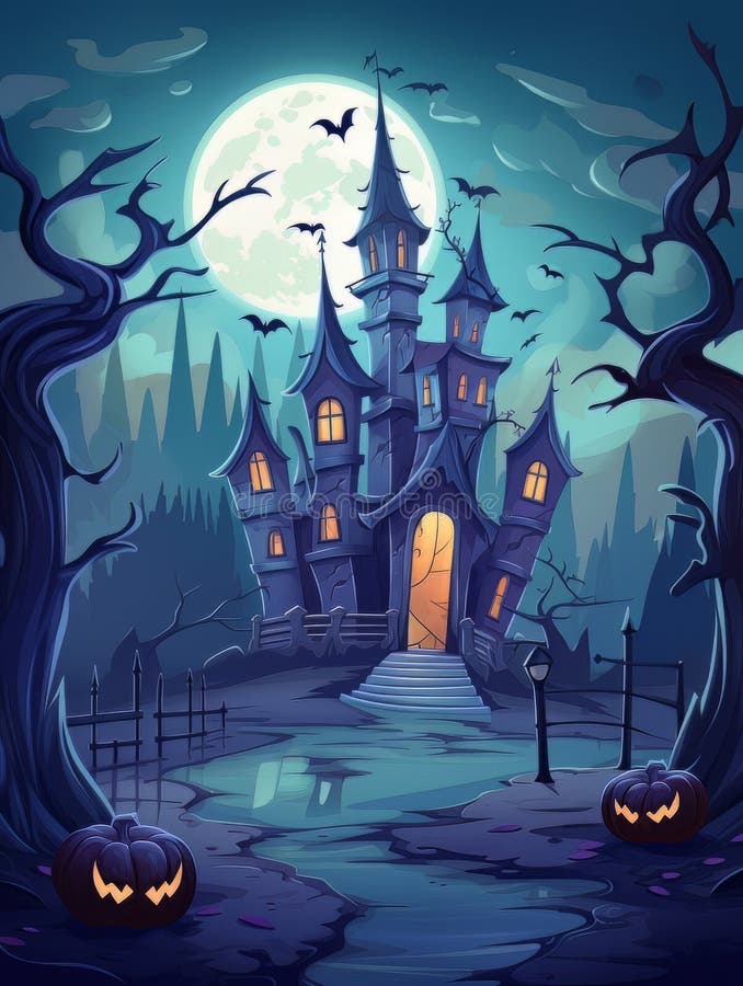 Cartoon Haunted House on Hill on Night with Full Moon. AI Stock Photo ...