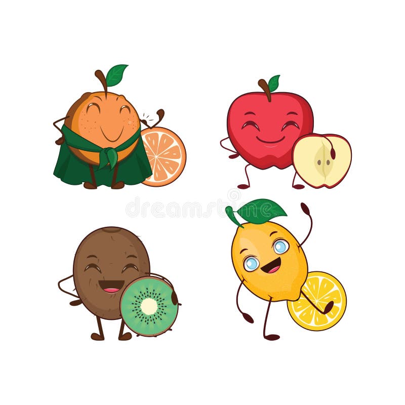 Cartoon Healthy Fruits Collection Stock Vector Illustration of apple