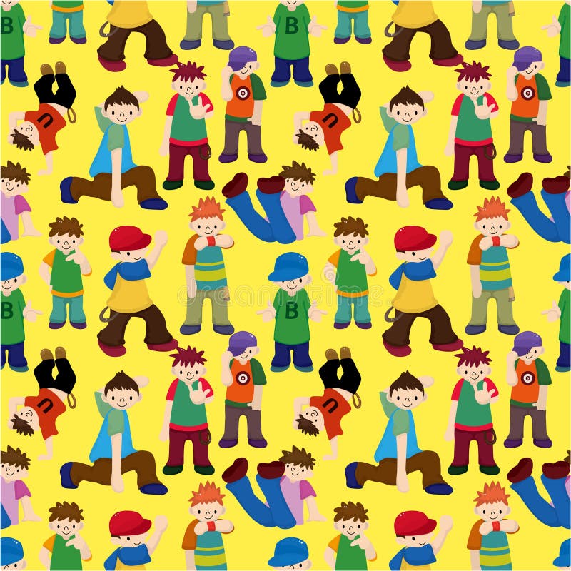 Cartoon hip hop boy dancing seamless pattern stock illustration