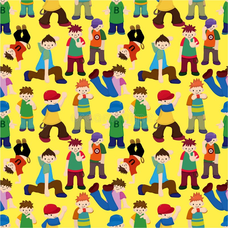 Cartoon hip hop boy dancing seamless pattern