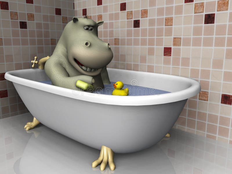 A cartoon hippo in a bathtub with his rubber duck. A cartoon hippo in a bathtub with his rubber duck.