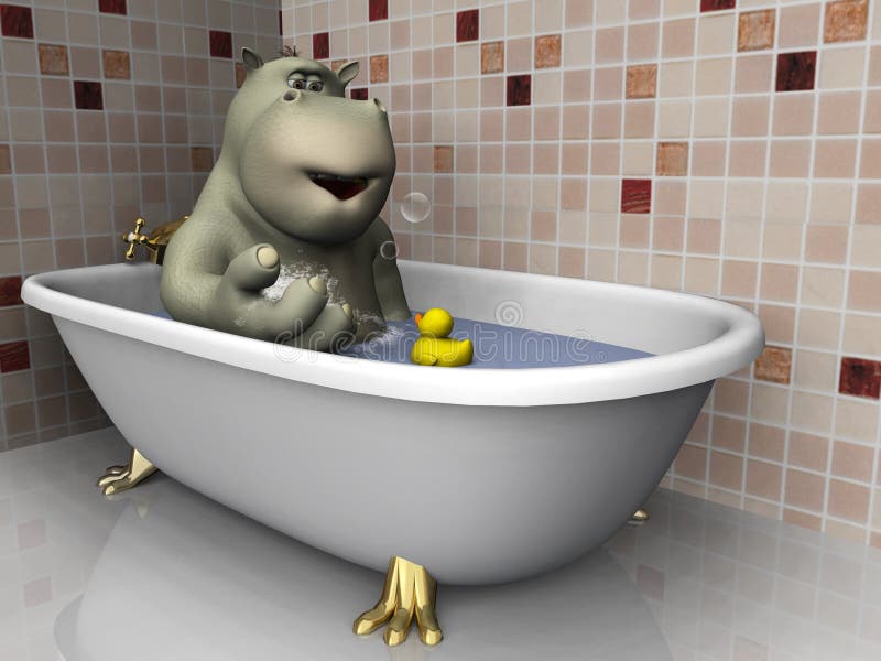 A cartoon hippo in a bathtub with his rubber duck, playing with bubbles. A cartoon hippo in a bathtub with his rubber duck, playing with bubbles.