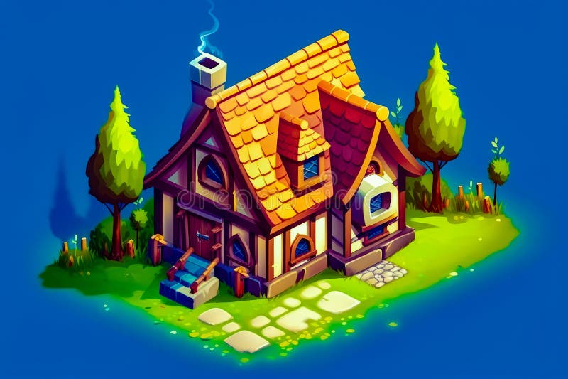Cartoon house on small island with trees and fire hydrant. Generative AI.