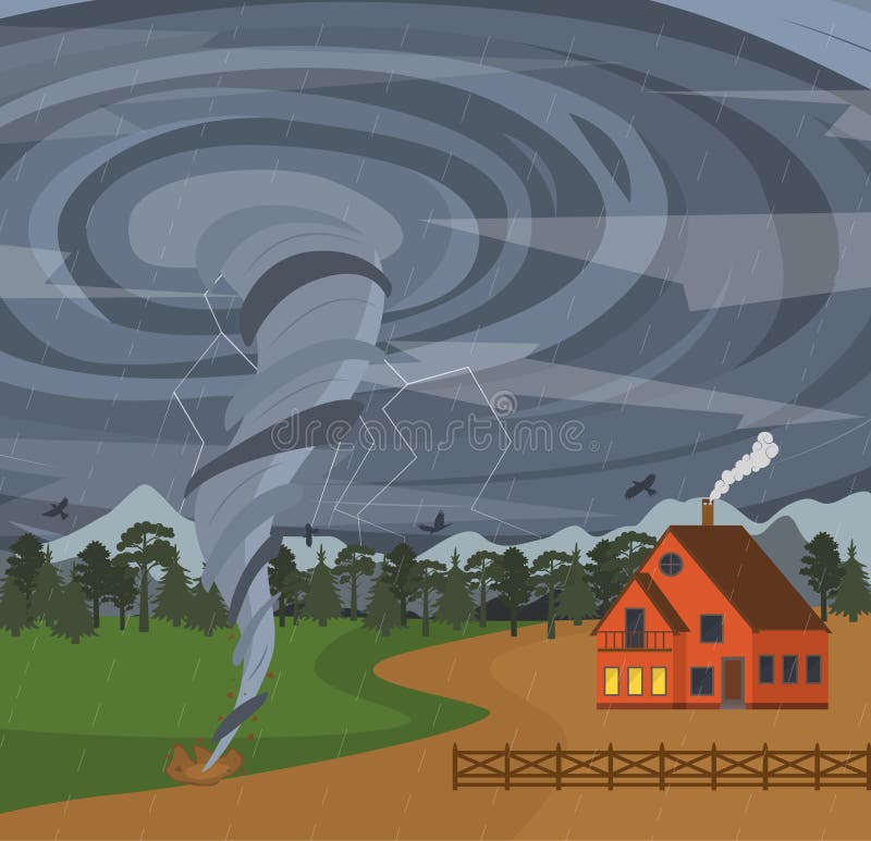 Cartoon House and Tornado Card Poster. Vector