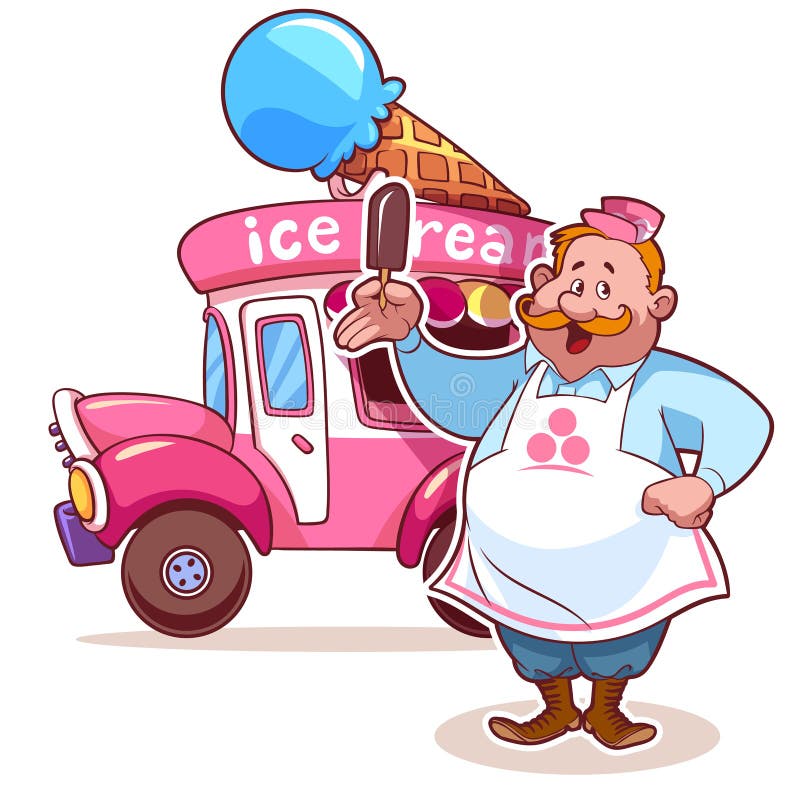  Cartoon  Ice  Cream  Car  With The Seller Stock Vector Image 