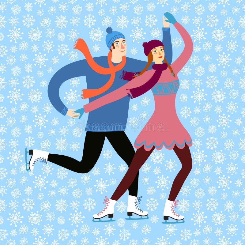 Cartoon ice skaters boy and girl stock illustration.