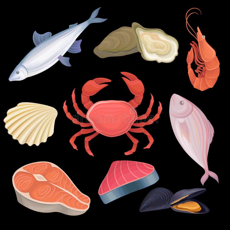 Cartoon icons set with different kind of seafood. Tuna, oysters, shrimp, freshwater fish, crab, scallop, salmon steak