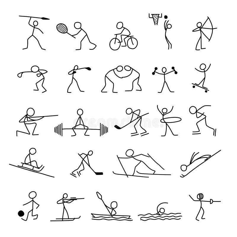 Cartoon Icons Sport Set of Sketch Little People in Cute Miniature ...
