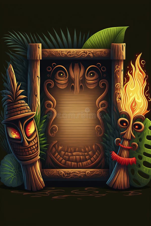 Cartoon illustration, bamboo frame with ancient mask, ai generative vector illustration