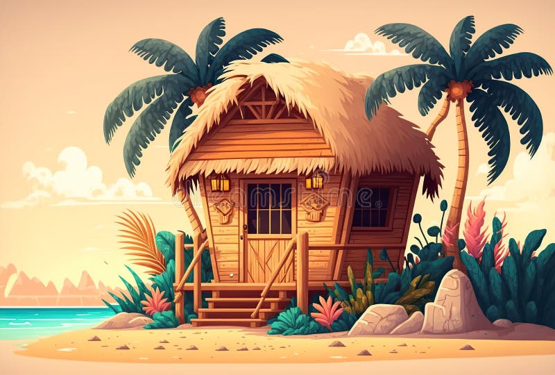 Cartoon Illustration, Beach with Bungalow on Tropical Islands, Ai ...