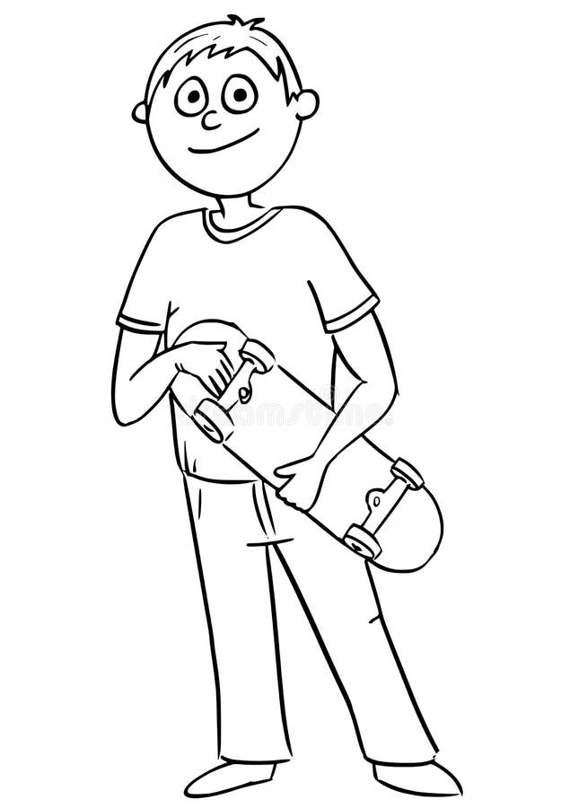 Cartoon Illustration of Boy Holding Skateboard stock illustration