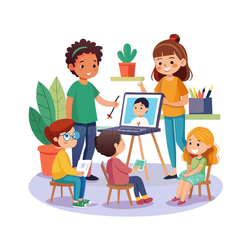 Online Class with Teacher and Students on a Laptop with Plants royalty free illustration
