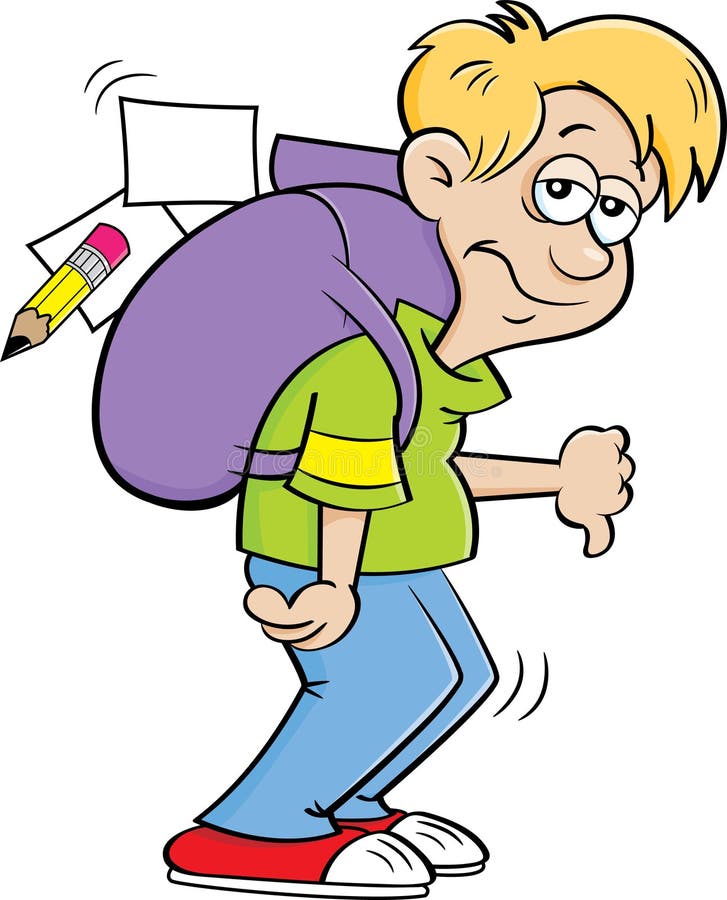 Cartoon Depressed Boy with a Large Backpack. Stock Vector