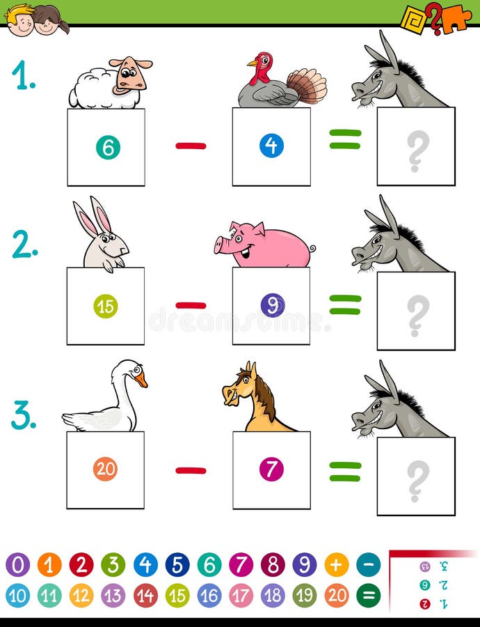 Subtraction Game With Cartoon Eggplants. Educational Worksheet. Stock