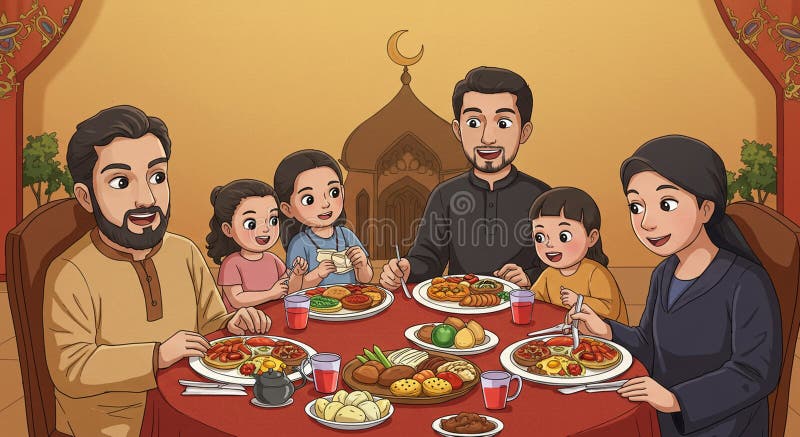 Cartoon Illustration einer Familienmahlzeit während eines Festes. Sechs Personen einschließlich lizenzfreie abbildung