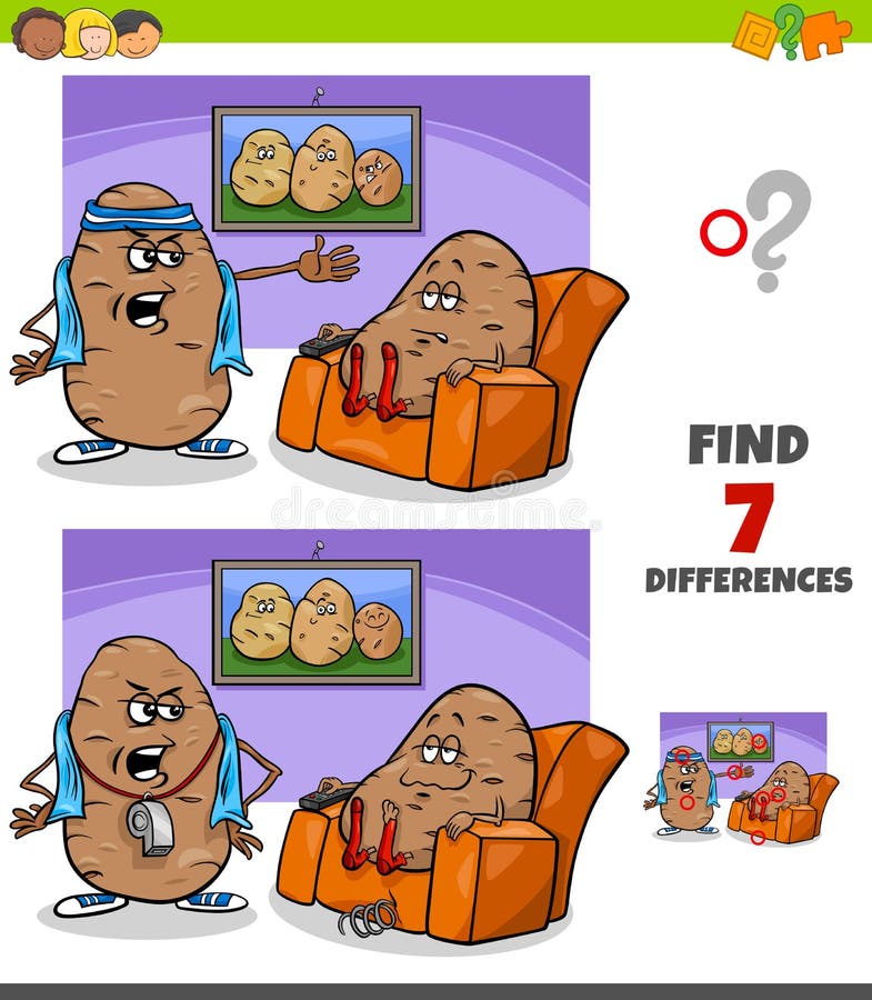 Cartoon Illustration of Finding Differences Between Pictures Educational Game for Children with Couch Potato Proverb. Cartoon Illustration of Finding Differences Between Pictures Educational Game for Children with Couch Potato Proverb