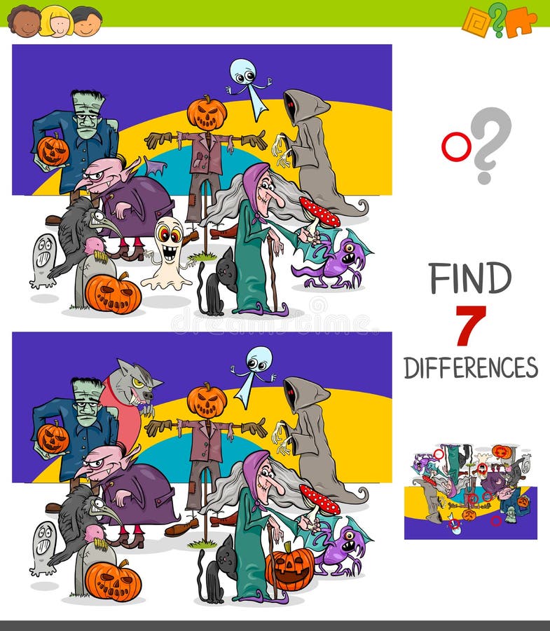 Cartoon Illustration of Finding Differences Between Pictures Educational Game for Children with Halloween Characters. Cartoon Illustration of Finding Differences Between Pictures Educational Game for Children with Halloween Characters