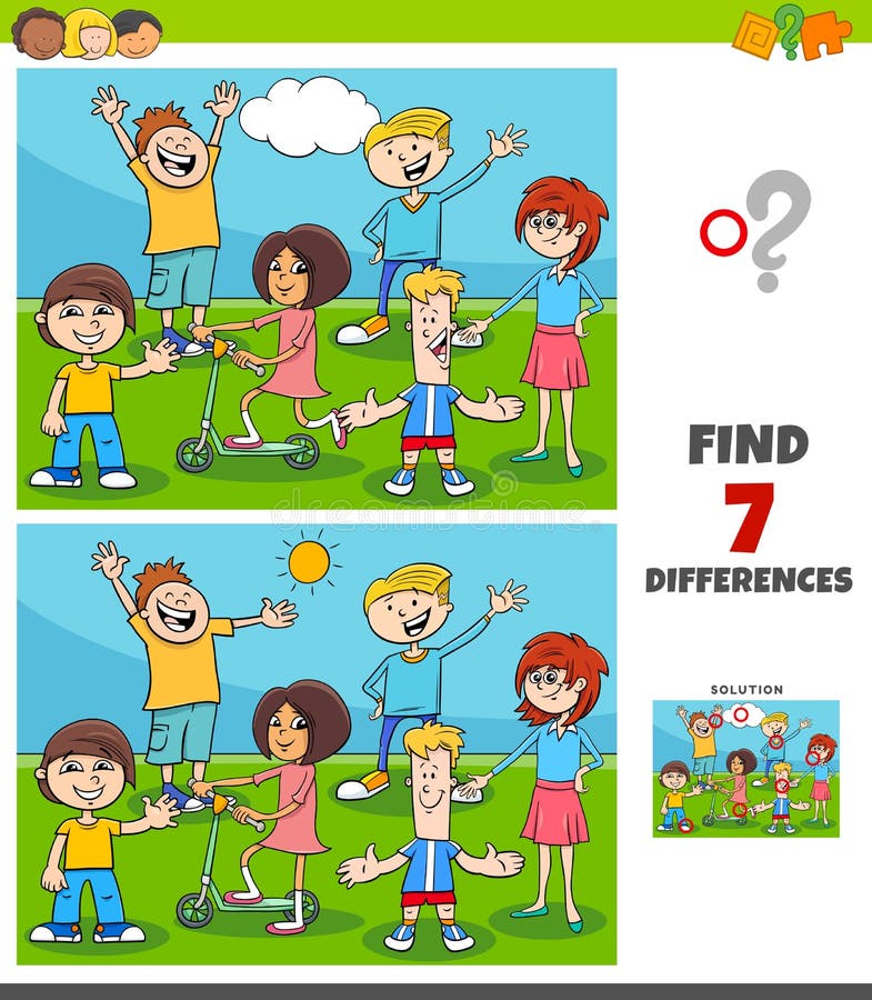 Cartoon Illustration of Finding Differences Between Pictures Educational Game for Children with Kids and Teens Characters Group. Cartoon Illustration of Finding Differences Between Pictures Educational Game for Children with Kids and Teens Characters Group