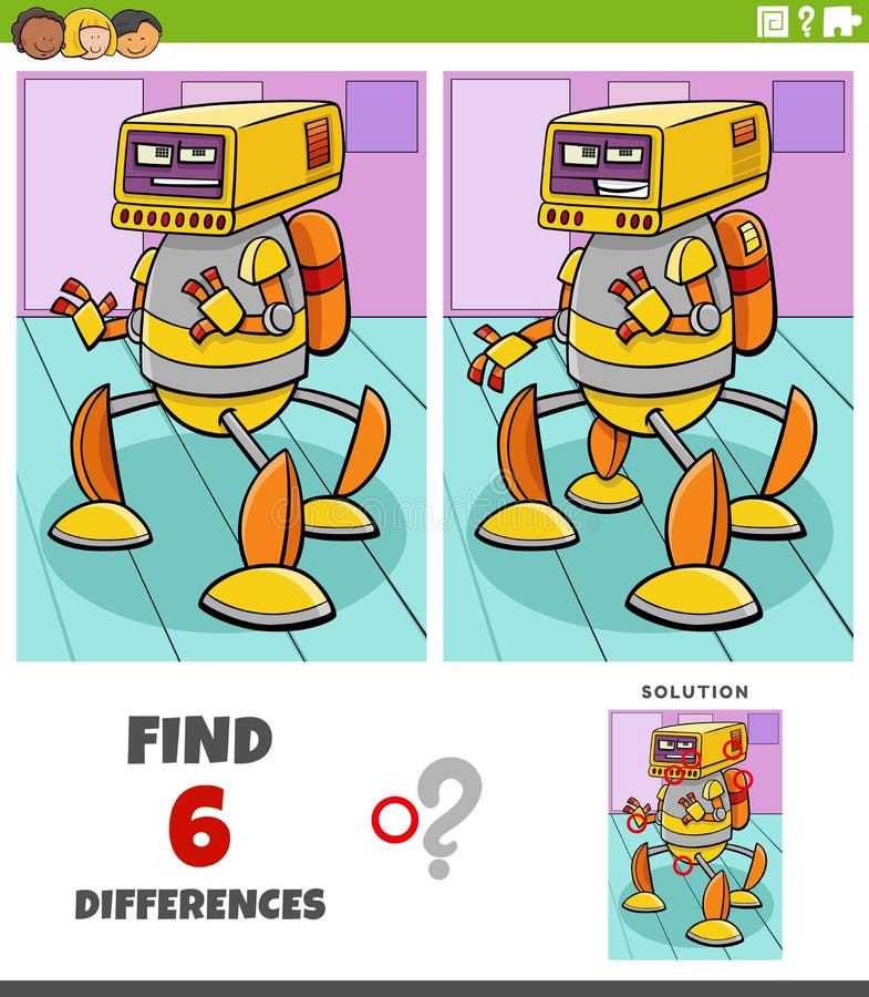 Differences game with cartoon robot character vector illustration
