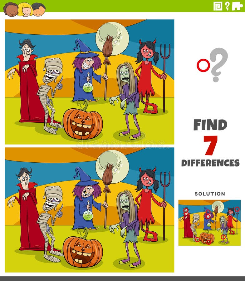 Cartoon Illustration of Finding Differences Between Pictures Educational Game for Kids with Halloween Characters Group. Cartoon Illustration of Finding Differences Between Pictures Educational Game for Kids with Halloween Characters Group