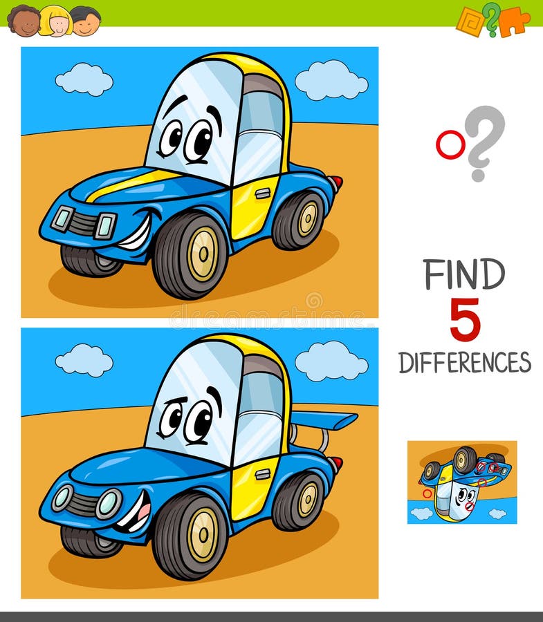 Cartoon Illustration of Finding Five Differences Between Pictures Educational Game for Children with Funny Racing Car. Cartoon Illustration of Finding Five Differences Between Pictures Educational Game for Children with Funny Racing Car