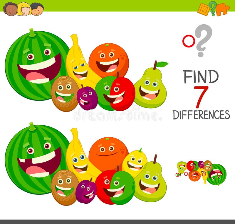 Cartoon Illustration of Finding Seven Differences Between Pictures Educational Activity Game for Children with Fruits Characters Group. Cartoon Illustration of Finding Seven Differences Between Pictures Educational Activity Game for Children with Fruits Characters Group