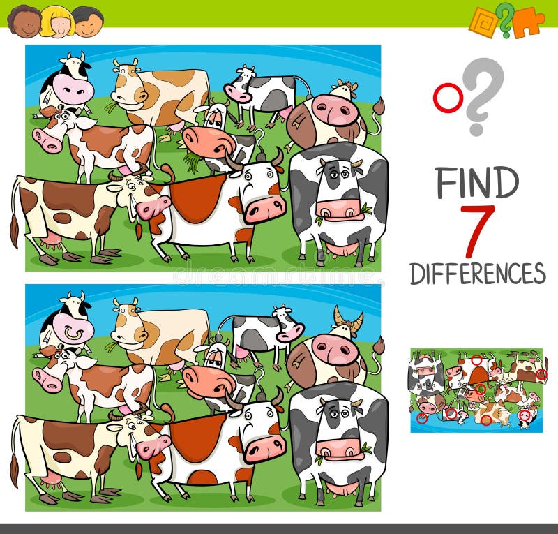 Find Differences with Cows Farm Animal Characters Stock Vector