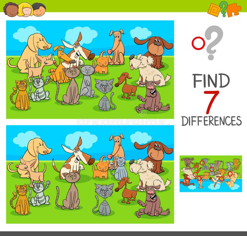 Find Differences Game with Pets Animals Stock Vector - Illustration of ...
