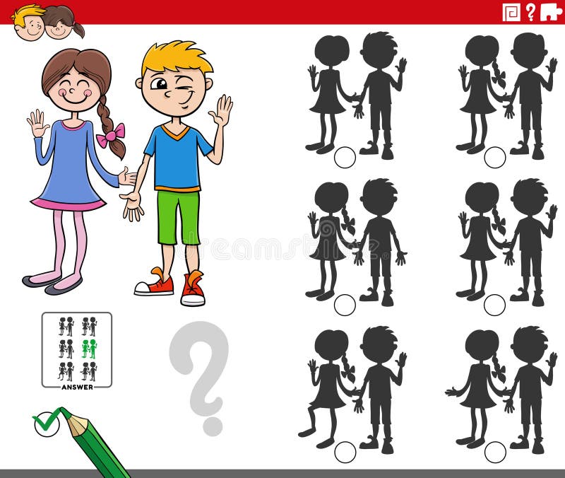 Educational Shadows Game with School Girl and Boy Coloring Page Stock