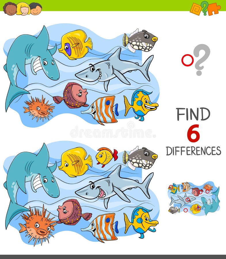 Cartoon Illustration of Finding Six Differences Between Pictures Educational Game for Children with Happy Fish in the Water. Cartoon Illustration of Finding Six Differences Between Pictures Educational Game for Children with Happy Fish in the Water