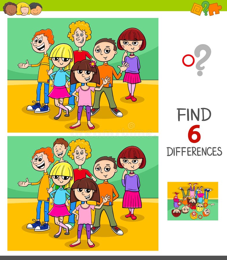 Cartoon Illustration of Finding Six Differences Between Pictures Educational Game for Children with Kids or Teenagers Group. Cartoon Illustration of Finding Six Differences Between Pictures Educational Game for Children with Kids or Teenagers Group