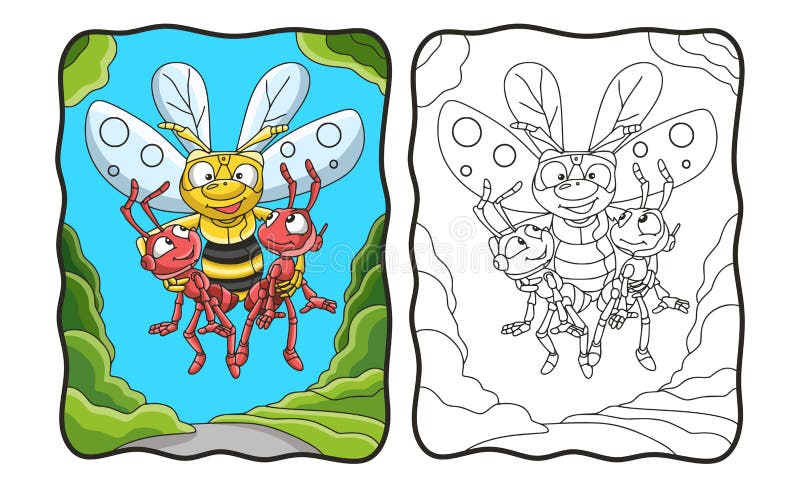 Cartoon illustration Flying bees carry 2 ants coloring book