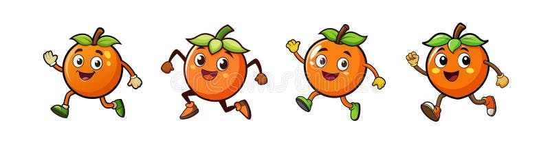 Four happy orange fruit characters running and waving hello royalty free illustration