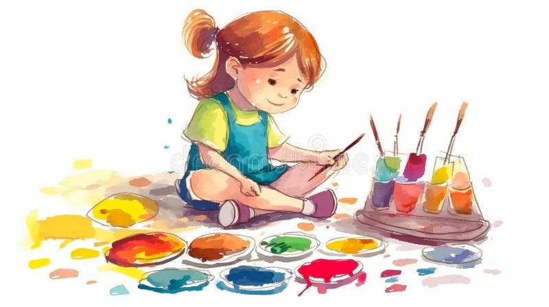 Cartoon Illustration of Kindergarten Child Painting on White Background ...