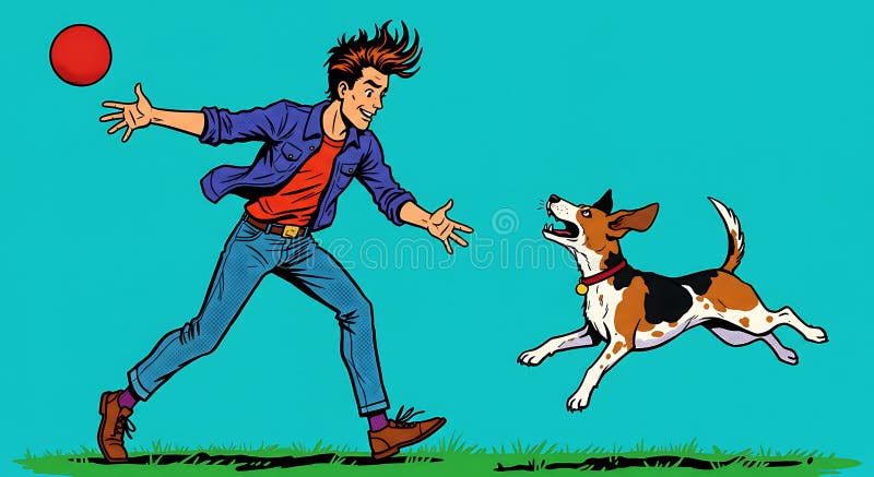 A cartoon illustration of a man in a purple jacket, red shirt, and blue jeans throwing a red vector illustration