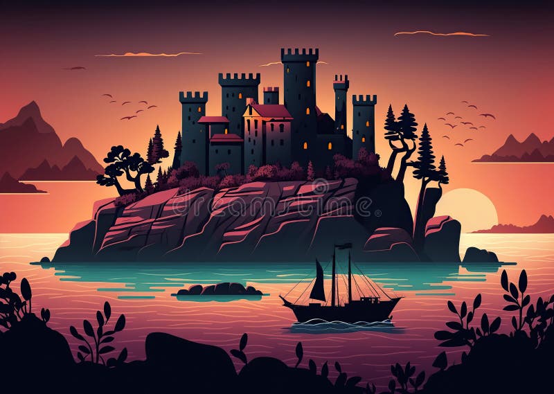 Cartoon illustration, medieval castle on an island,generative ai stock illustration
