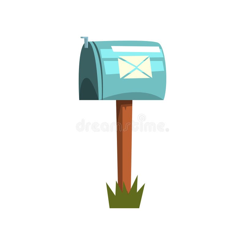 Cartoon Illustration of Metallic Mailbox on Wooden Pole. Icon of Blue  Closed Postbox Standing on Piece of Green Grass Stock Vector - Illustration  of background, container: 112043555