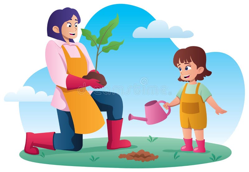 Mother and Daughter Planting Tree Stock Vector - Illustration of ...