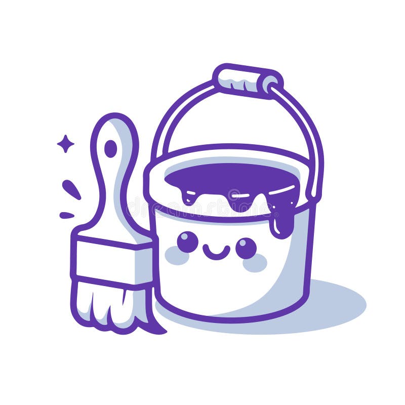 Cartoon Illustration of Paint Bucket and Brush with Blue Paint Stock