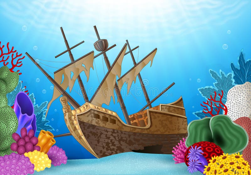 Cartoon illustration of Shipwreck on the ocean stock illustration.