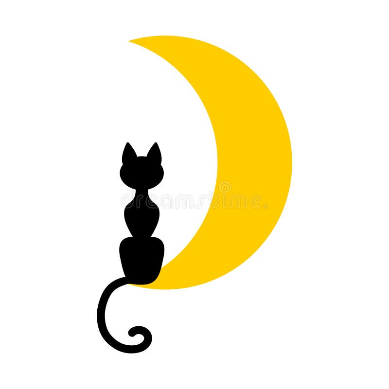 Cartoon Illustration of a Silhouette of a Cat on a Yellow Crescent ...