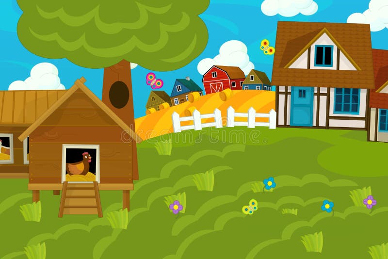 Cartoon Illustration of Traditional Farm Village Stock Illustration