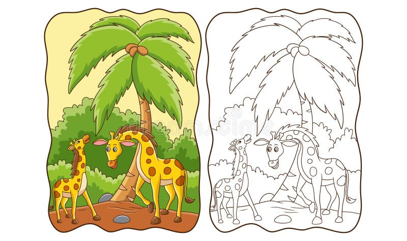 Cartoon Illustration Two Giraffes Playing in the Forest Book Stock